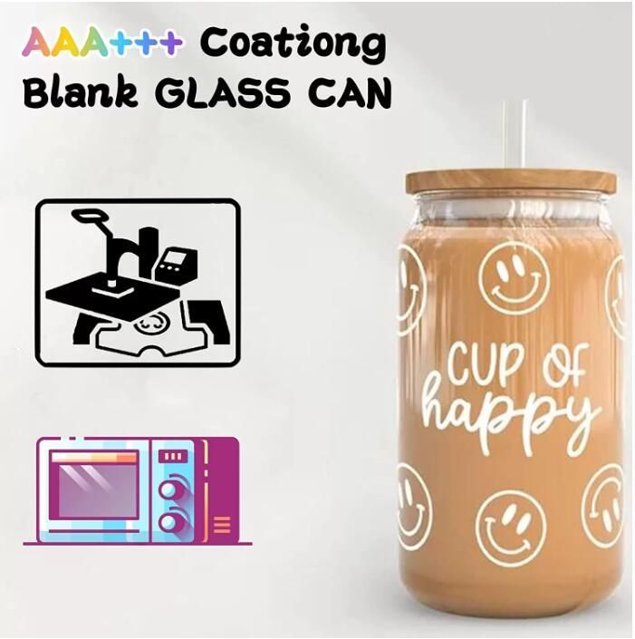 Custom Smiley Face 16 oz Glass Can Tumbler with Bamboo Lid and Straw.