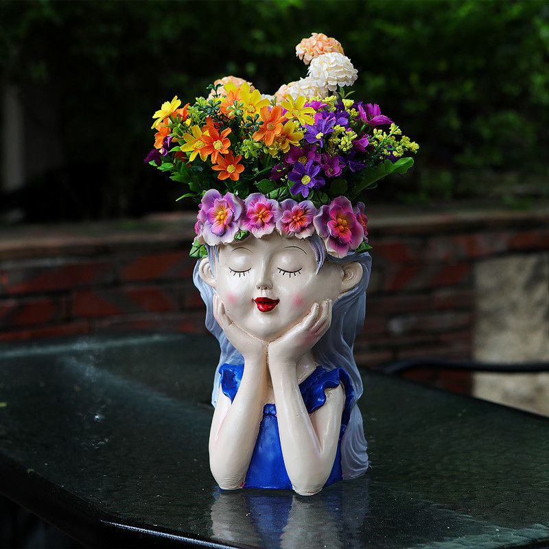 New Face Holding Girl Flower Pot - Blue