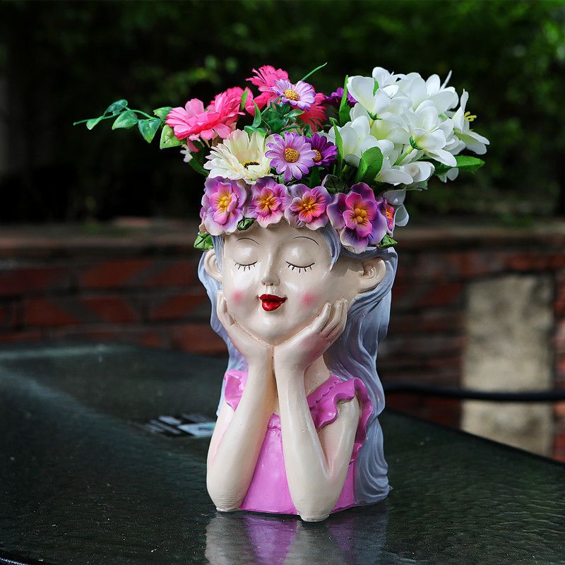 New Face Holding Girl Flower Pot - Pink