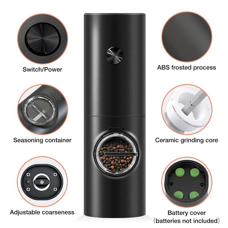 Electric Pepper Grinder and Salt Mill- Battery Operated One-Handed Spice  Dispenser w LED Light & Adjustable Coarseness- Premium Kitchen Upgrade w