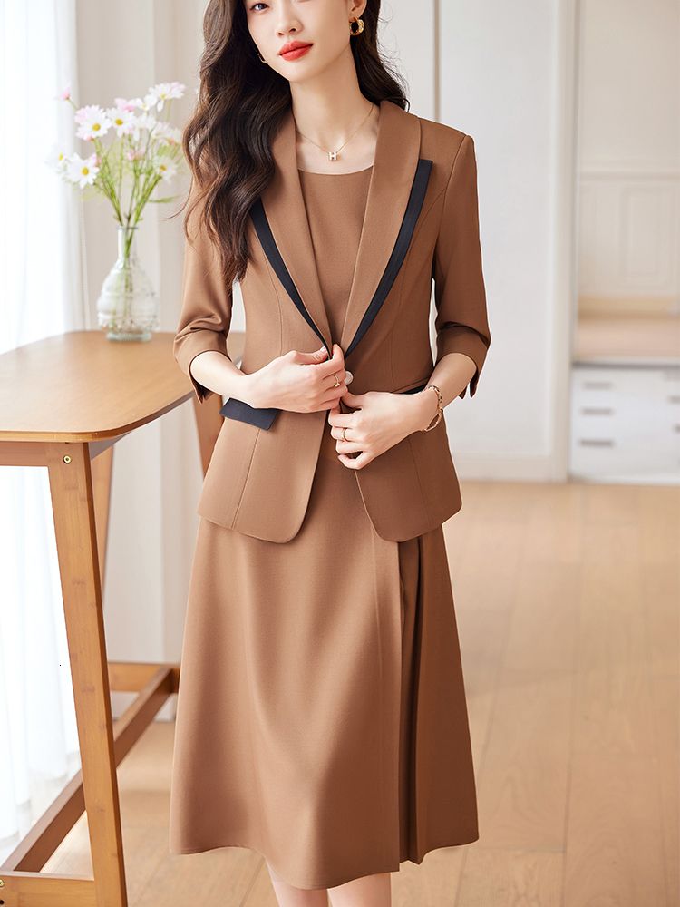 khaki skirt suit