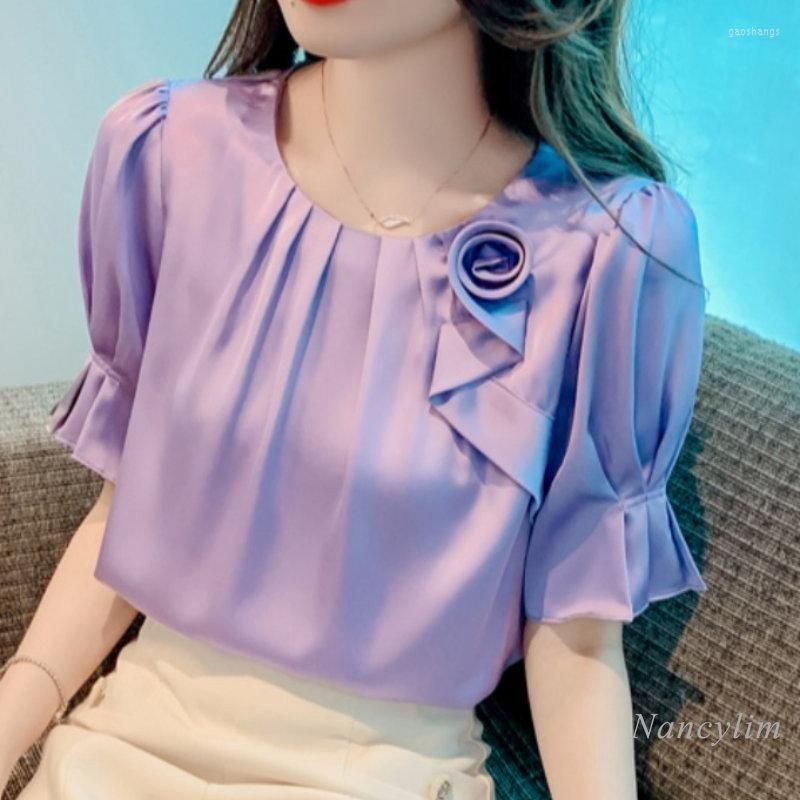 Blusas Para Mujeres Camisa De Satén De Manga Corta De Alto Grado De Alto Grado Para Mujeres 2023 Purple Blusa Superior Dama De 19,93 € | DHgate