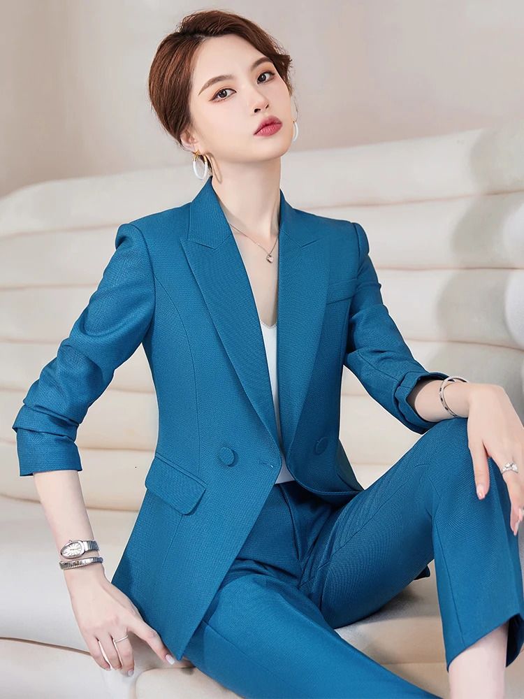 blue pant suit