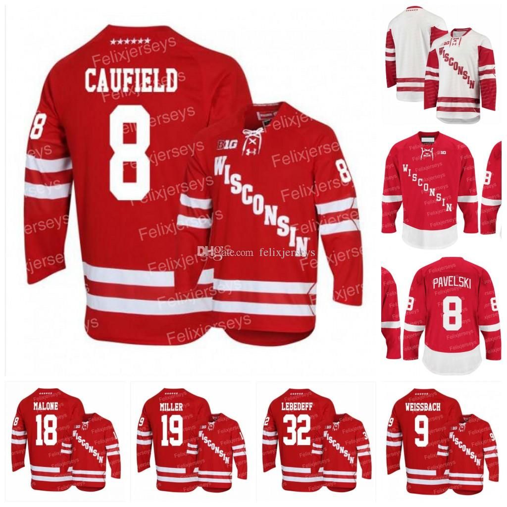 Men's Under Armour Wisconsin Badgers 8 Cole Caufield Red Hockey Jersey
