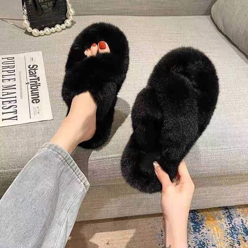 crossed plush slippers - black (3.5com)