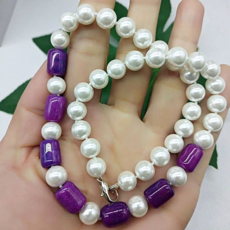 Chaînes Charmantes Perles Rondes de Nacre Blanche de 10 mm et Collier Cylindrique Sugilite 10x14 mm Bijoux de Mode 20 Pouces_voghion.com