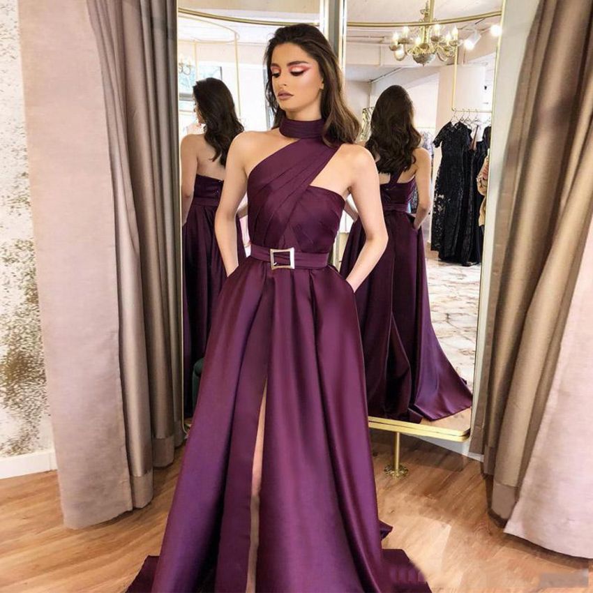Halter Long Evening Party Dresses with Sash Pockets Side Split Prom Dress Satin Formal Party Gowns robe de soiree