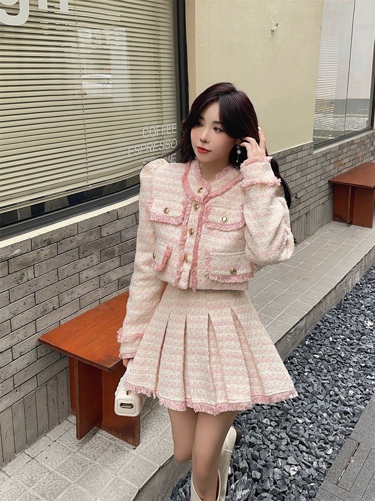 High Quality Small Fragrance Tweed Two Piece Set Women Short Jacket Coat +  Sexy Dress Set Korean Fashion Sweet 2 Piece Suits