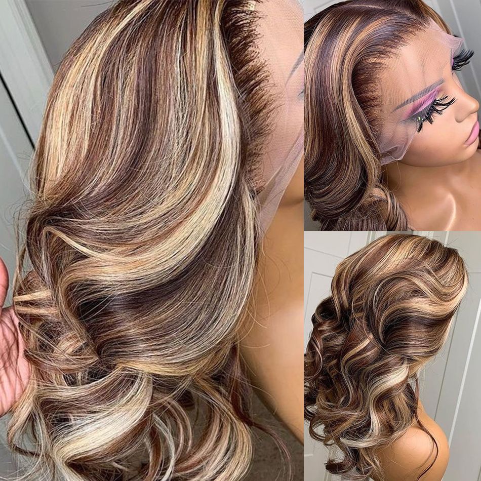 Lace Front Wigs Long Human Hair Pre Plucked Brown Mixed Blonde Balayage  Highlight Brazilian Wigs Glueless 150% Density T Part Bleached Knots Can Be  Restyled (24 inches) 