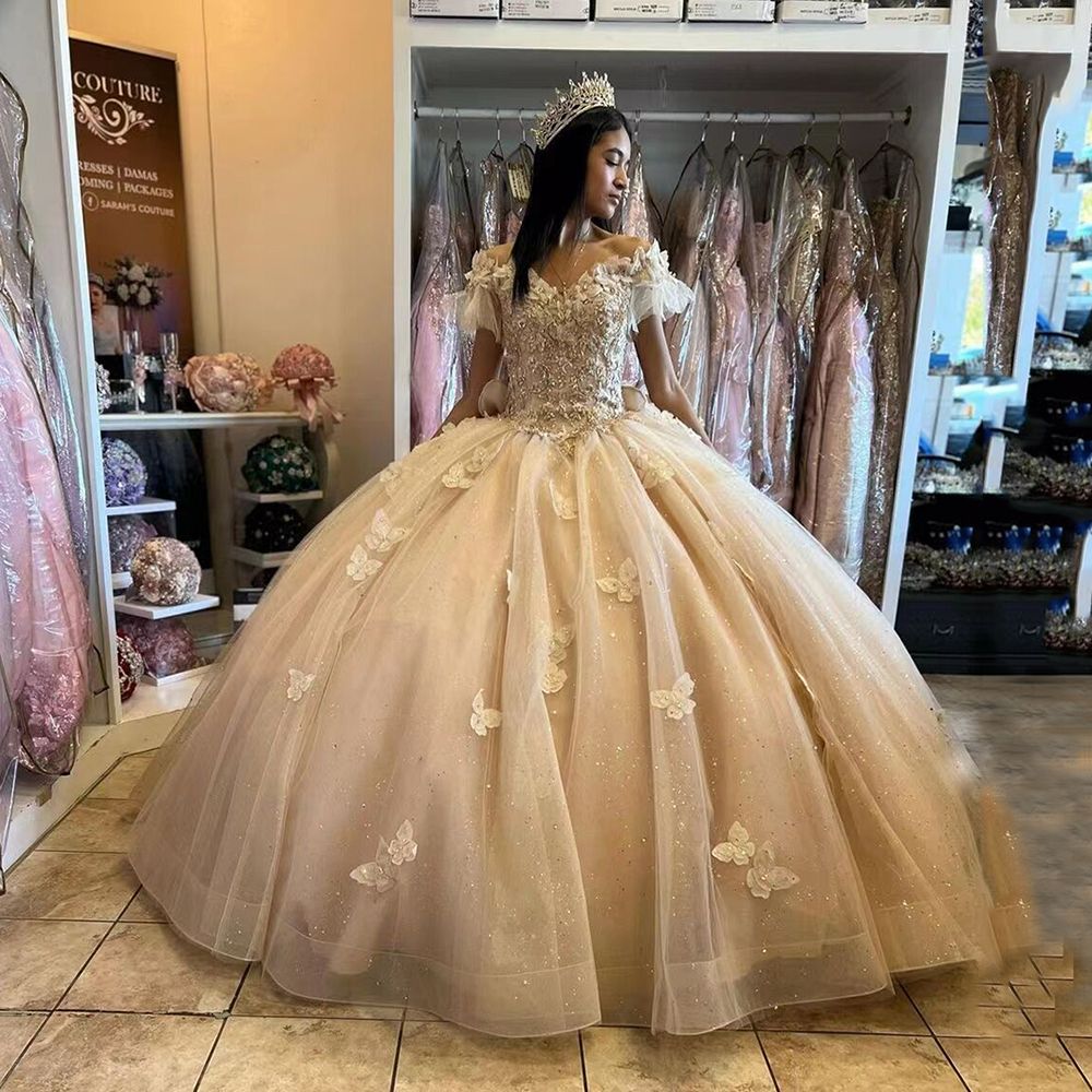 Princess Champagne Quinceanera Dresses 2023 Fluffy Ball Gown Prom Dress Butterfly Sweet 15 Birthday Dress Vestidos De XV Anos Luxury Corset Bow Party Dress From Bridalstore, $142.39