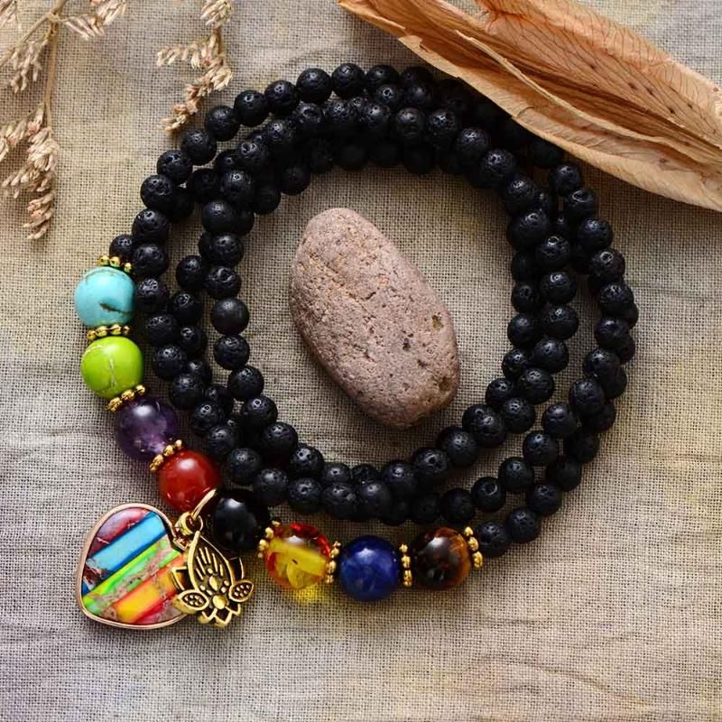 Collares colgantes con piedra de lava, equilibrio energético, chakras, corazón, dije, collar de cuentas para mujer, pulseras elásticas de yoga._voghion.com