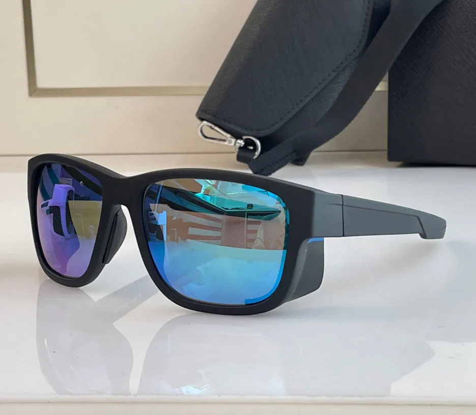 black frame blue mirror lens