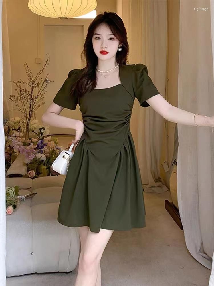 Vestidos casuales elegantes vestidos formales de color sólido plisado de manga corta cuello cuadrado un club Vestidos casuales elegantes vestidos formales de color sólido plisado de manga corta cuello cuadrado un club