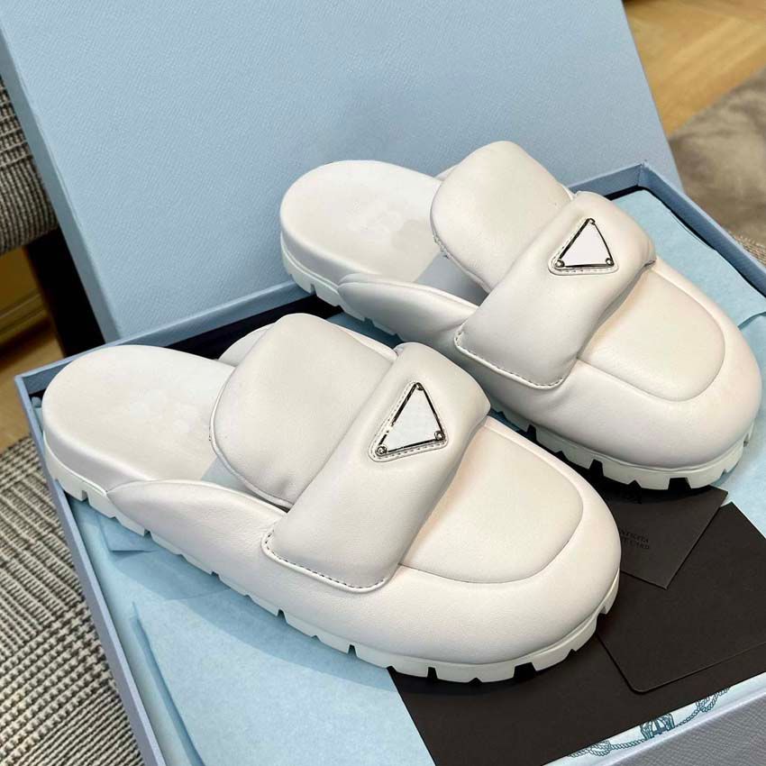 Designer Luxury Sandals Womens Slippers Slide Metal Triangle Logo 2cm  Rubber Sole Slides Black White Pool Ladies Casual Sandal From Shoe02,  $38.28