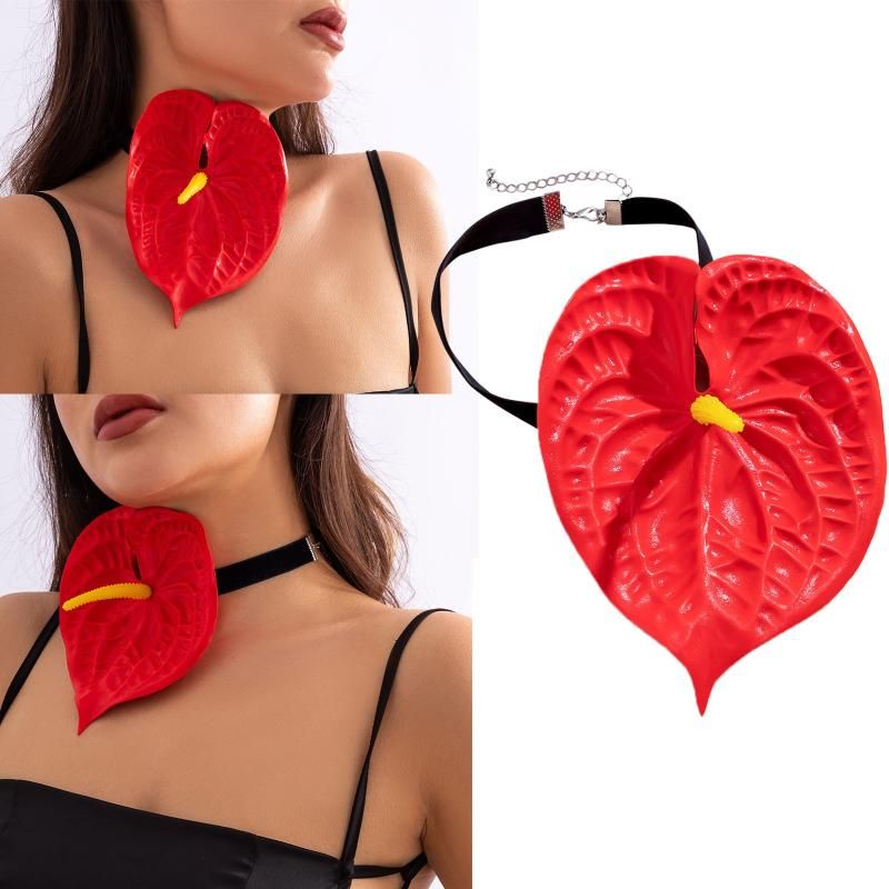 Colar de correntes com estampa floral de verão, gargantilha de tecido de flanela, colar feito à mão, colar exagerado de folhas grandes vermelhas_voghion.com