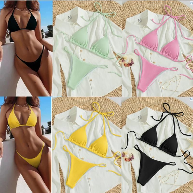 New High Elastic Bikini Set for 2023 Summer Two Pieces Solid Color