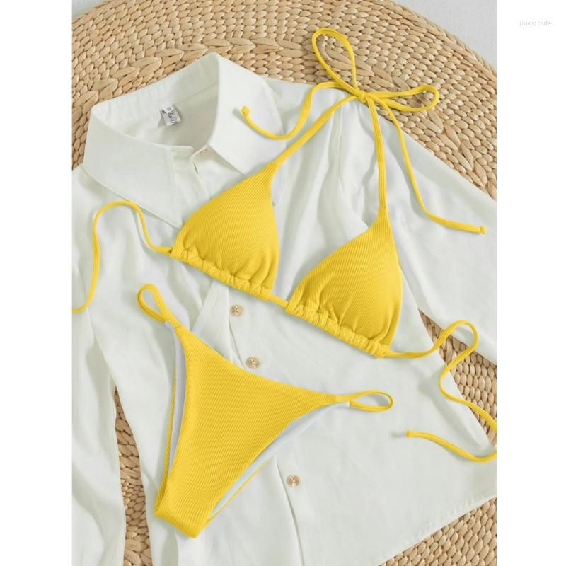 New High Elastic Bikini Set for 2023 Summer Two Pieces Solid Color