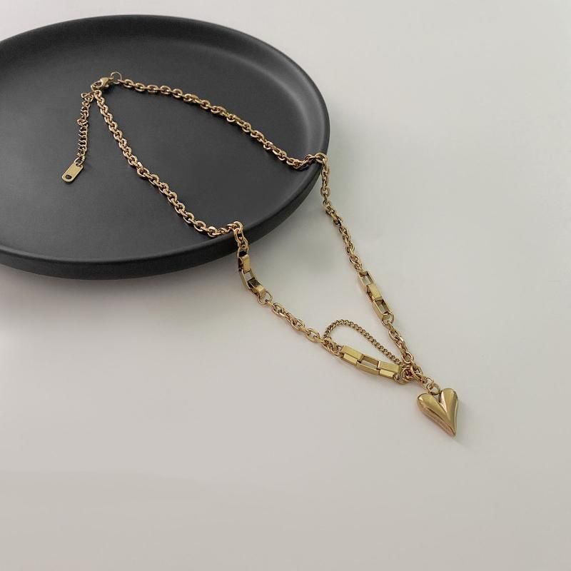 Pendant Necklaces Origin Summer Fashion Gold Color Love Heart Asymmetric Chunky Chain Necklace For Women Stainless Steel_voghion.com