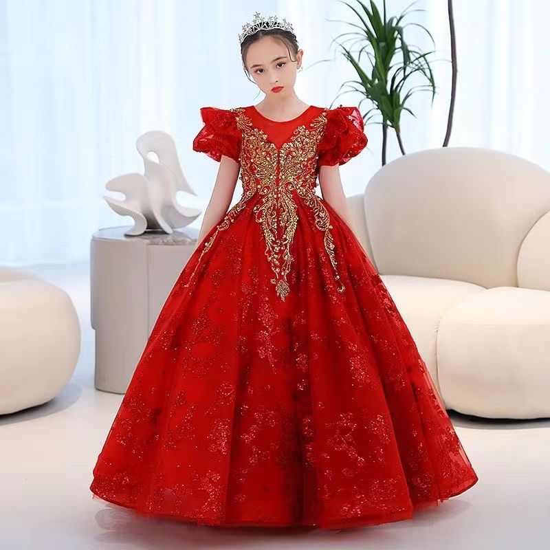 Vestidos Boda Para Niñas De Flores Lindo 3D Floral Dorado Rojo Vestido Largo Para Niñas