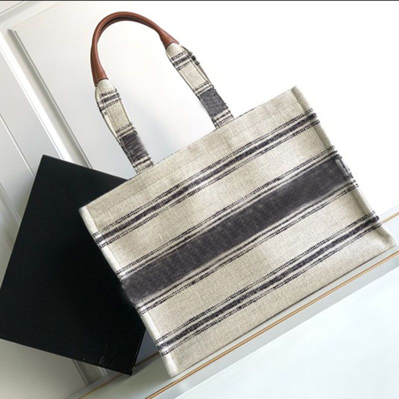 LARGE CABAS THAIS IN STRIPED TEXTILE - BEIGE