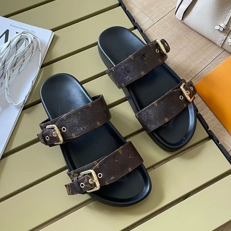 Bom Dia Designer Sliders For Women Classic Prints, Buckle Closure, Thick  Sole, Brown/Black, Perfect For Summer Tan Leather Sandals Flat With Box  From Womendesigner_shoes, $136.06