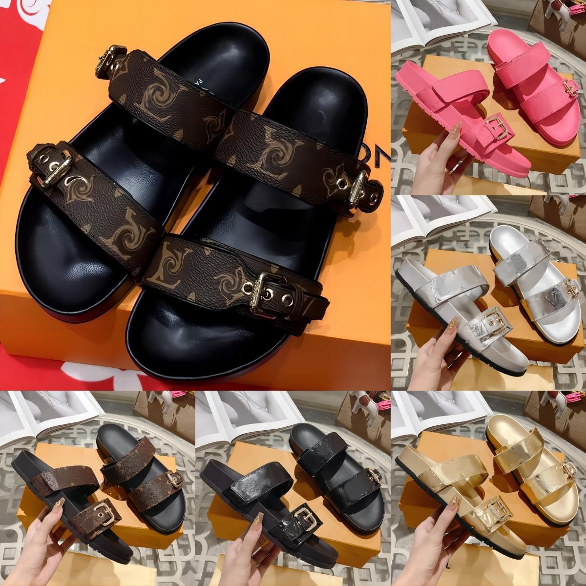 Designer Women Slides Leather Sandal Bom Dia Flat Mule Slipper