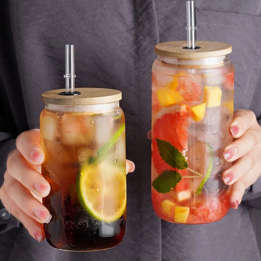 Transparent Can shape Glass Cups with Bamboo lid And Straw Ice Coffee Cup  Glass