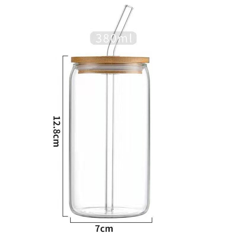 Transparent Can shape Glass Cups with Bamboo lid & Straw Ice Coffee Cup  Glass