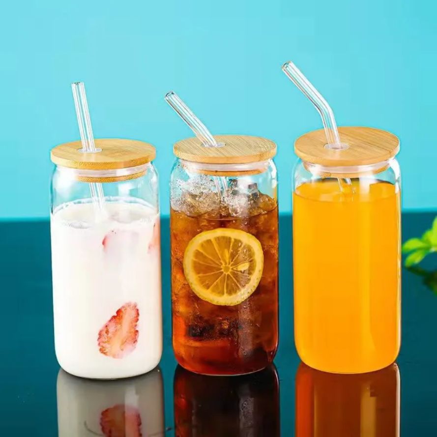 Transparent Can shape Glass Cups with Bamboo lid And Straw Ice Coffee Cups  Glass