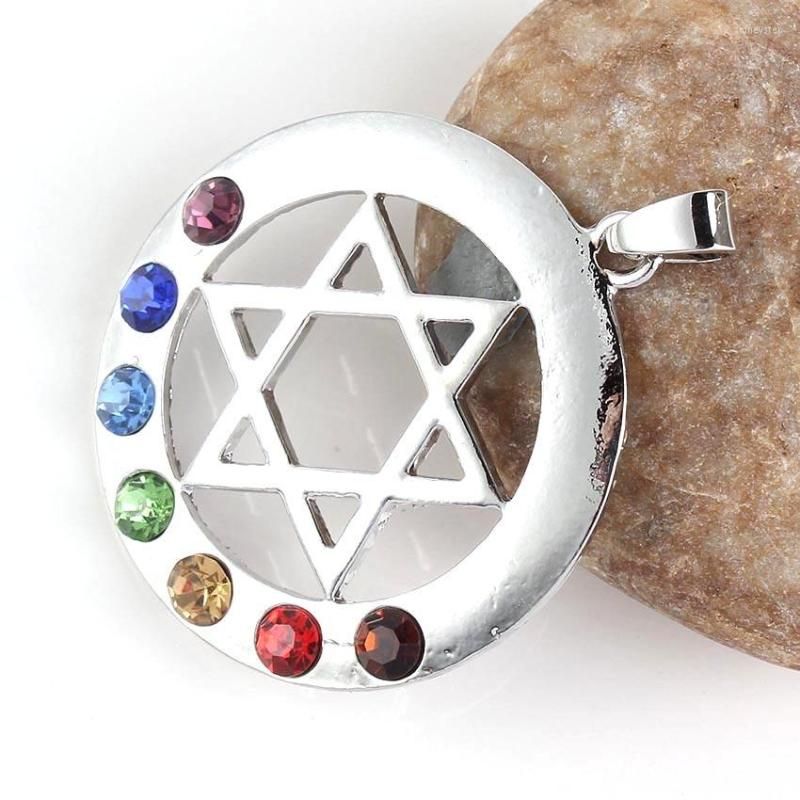 Colliers pendentifs Xinshangmie plaqué argent étoile de David amulette ronde bouclier de protection Reiki 7 cristal strass Chakra_voghion.com