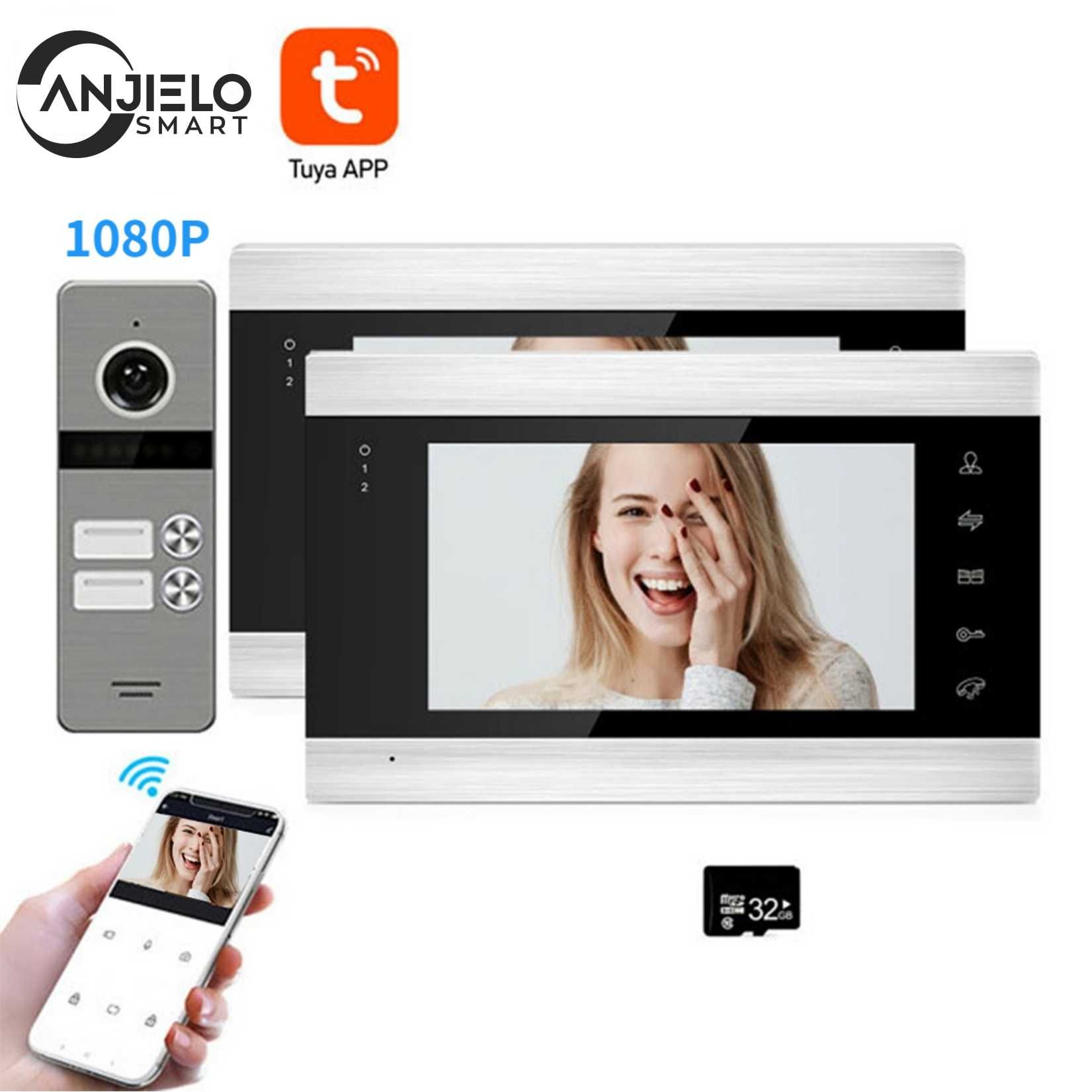 ANJIELO SMART Interphone vidéo sans fil avec caméra HD, écran de 7'',  support d'alarme de détection de mouvement Noir/Argenté