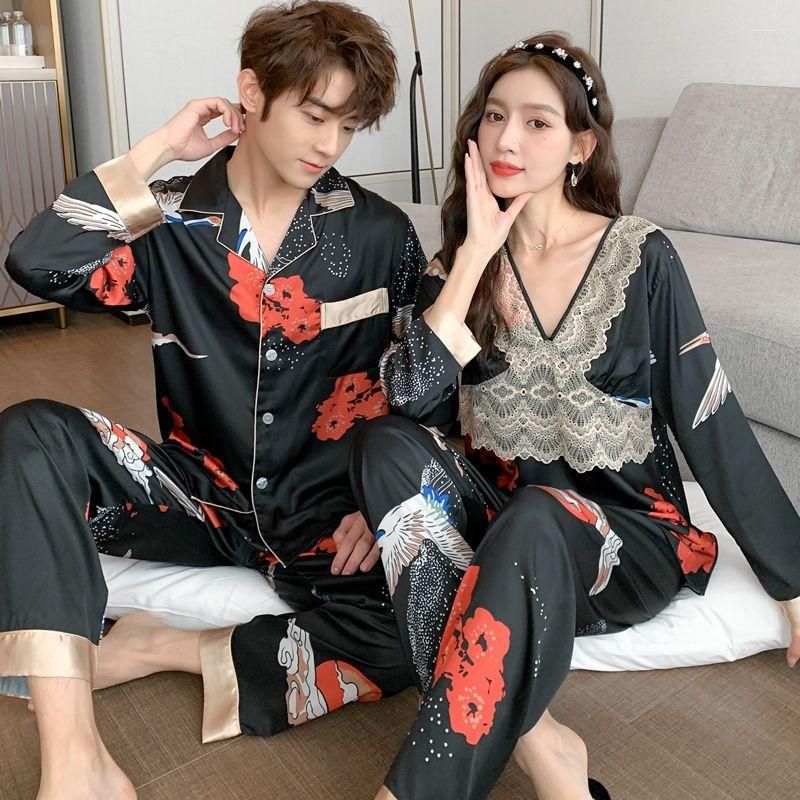 Buy Autumn and winter new couple ice silk pajamas women's long-sleeved thin  section cute cow suit Korean men's outer wear home service ｜Couple pajamas  sets-Fordeal