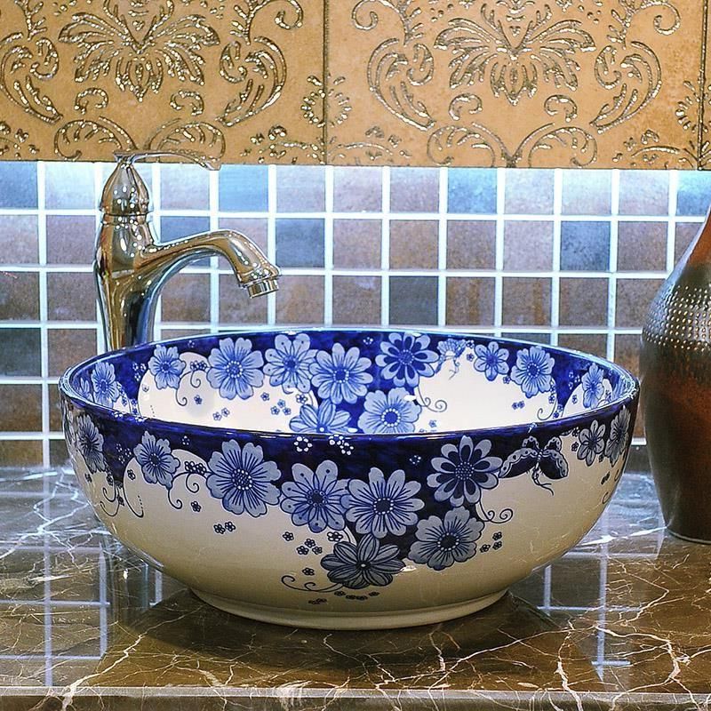 青と白の中国手作りのラバボウォッシュベイシンアートウォッシュベイスンセラミックカウンタートップウォッシュ洗面台のバスルームシンクシンクカウンタートップGSQTEを￥56,646  DHgate
