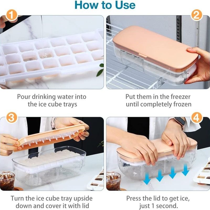 Silicone Ice Cube Tray With Lid And Bin, 48 Grids Press Type Ice Cube Molds  Comes With Storage Bin And Ice Scoop