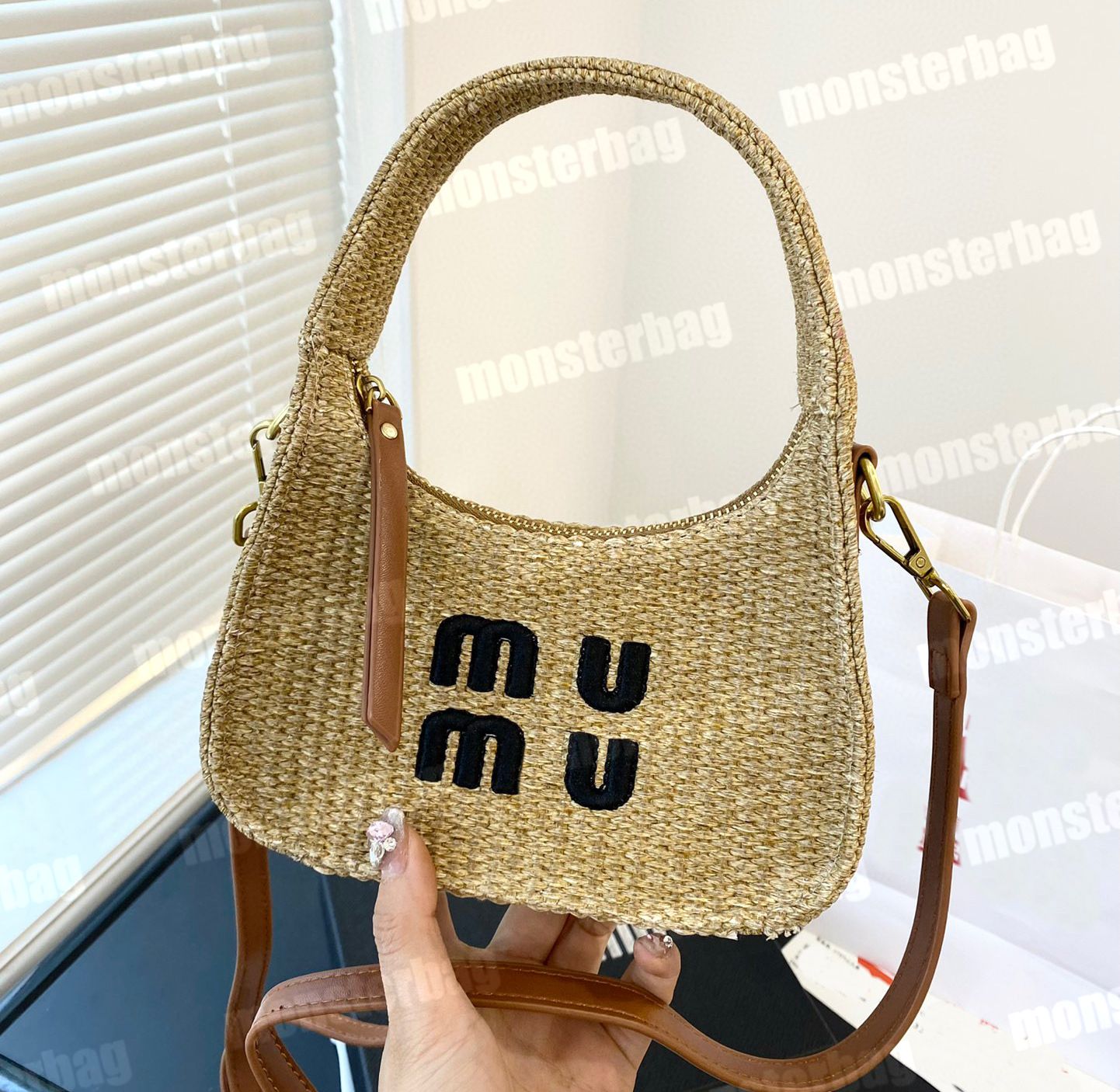 Miu Miu Wander Crochet Handbag Natural in Straw/Wicker with Gold-tone - US