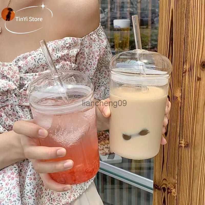 Glass Cup With Glass Lid Straw Nordic Transparent Glass Cup Coffee Wine  Milk Cup