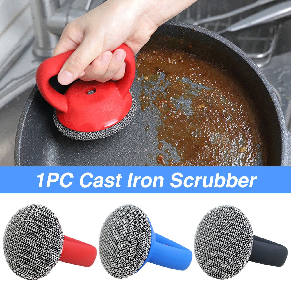 Cast Iron Cleaning Kit with Chainmail Scrubber & Pan Scraper, Upgraded  Chainmail Scrubber with Ergonomic Grip