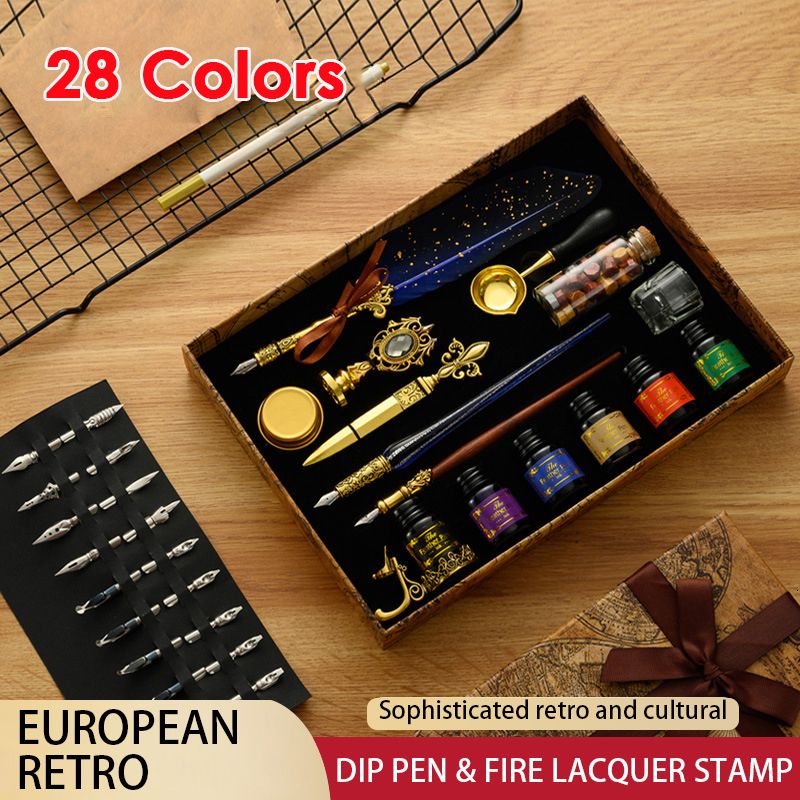 Feather Pen-Quill Pen and Ink Set, Vintage Calligraphy Dip Pen Kit,European  Ink Pen kits, with 5 Nibs, 2 in 1 Pen Holder, Wooden Dip Pen, Sealing  Wax,Spoon (Green)
