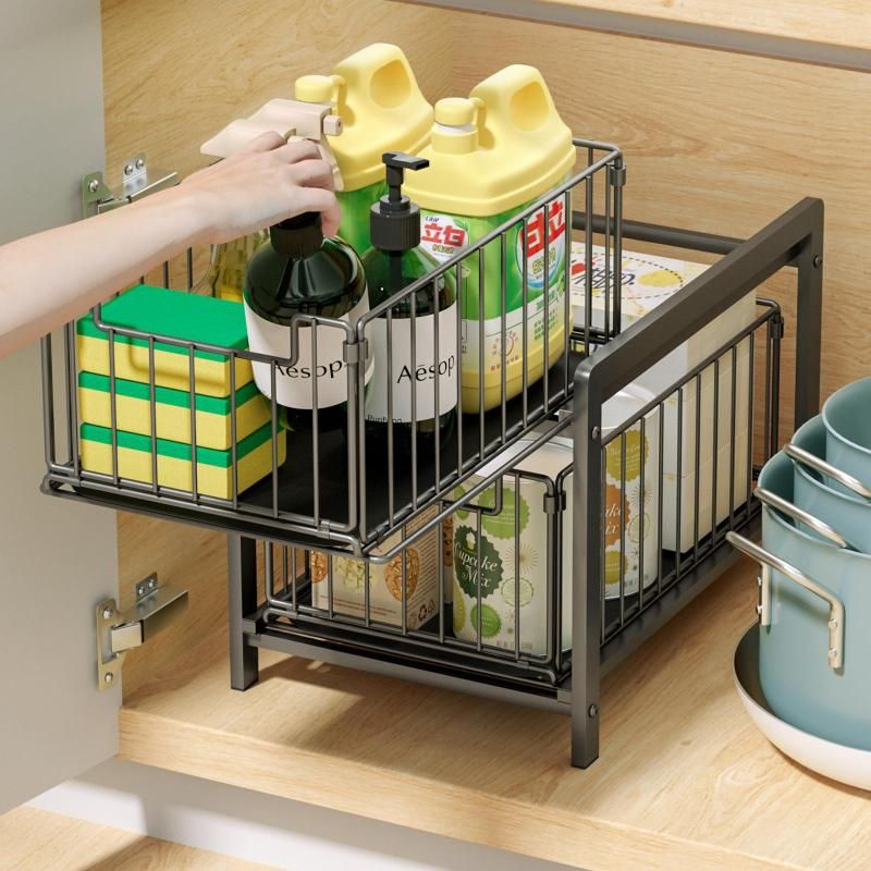 1pc Under Sink Organizer With Sliding Basket, 2-layer Storage Cabinet For  Bathroom Sink And Kitchen, Black