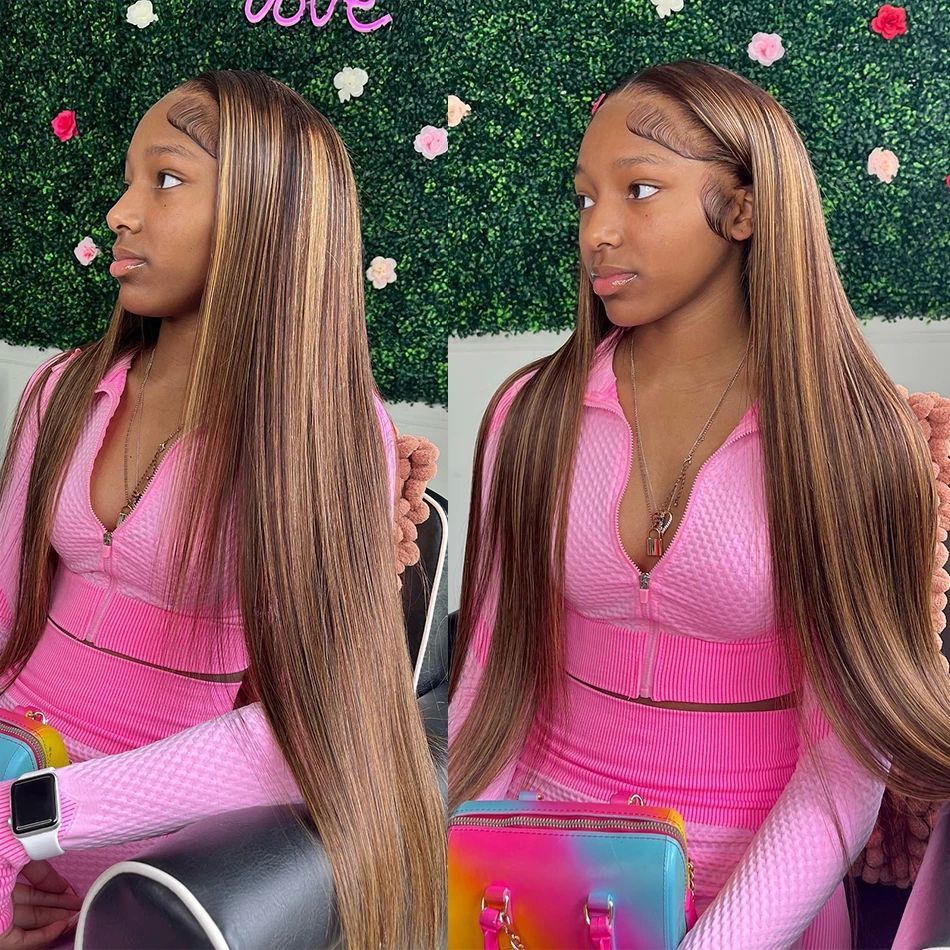 180density Highlights Blonde Human Hair 360 Lace Frontal Wig Brown detail view 1