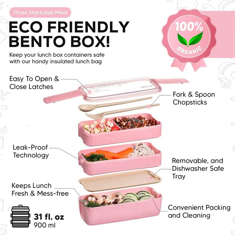 1pc, Bento Box, Wheat Straw Adult Lunch Box, 4-Compartment Meal