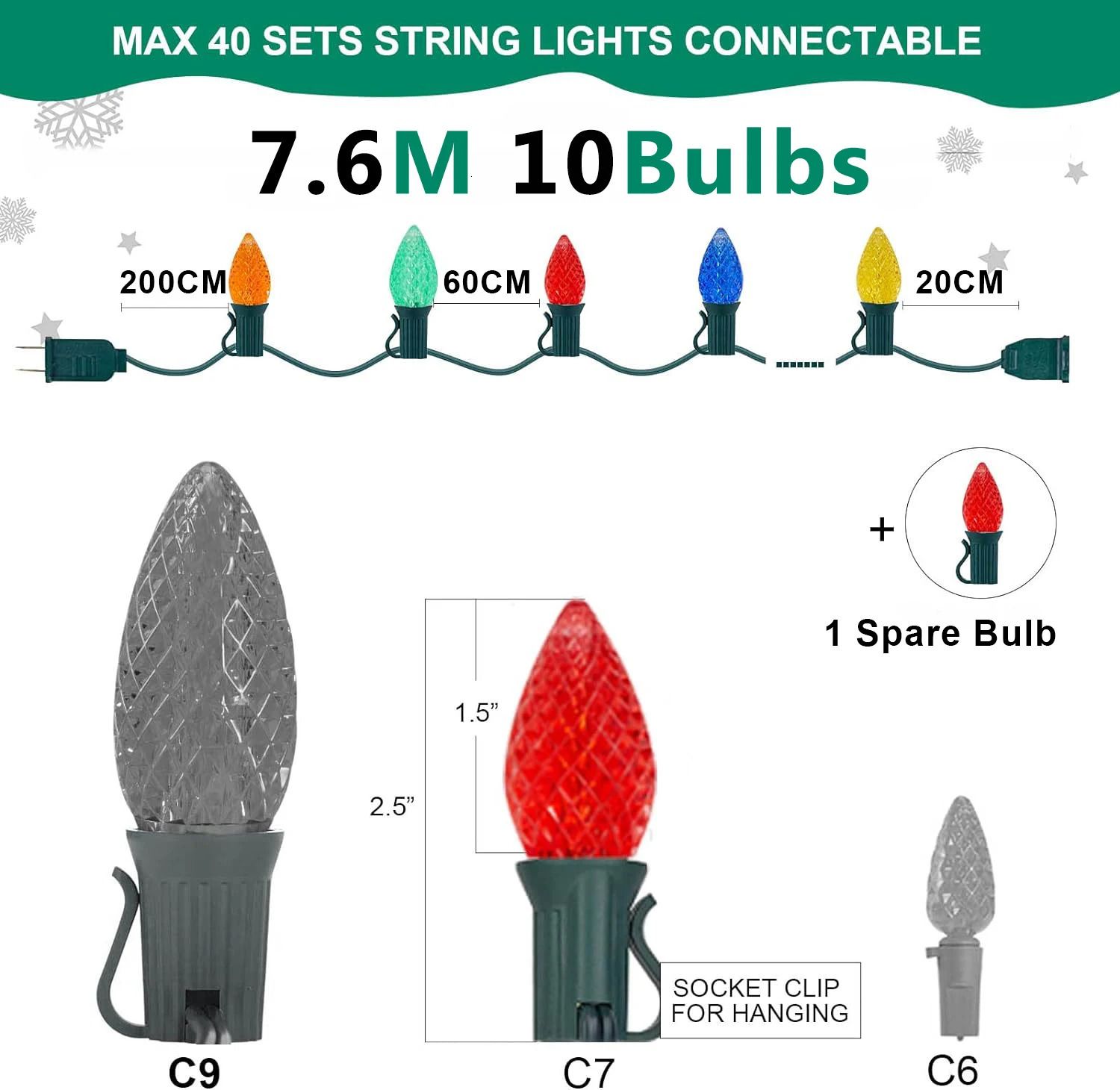 7,6 m, 10 Glühbirnen, US-Stecker, 0,6 W