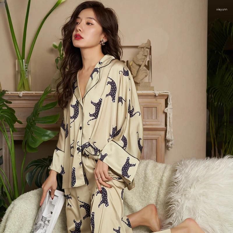 Womens Sleepwear High Quality Pajamas Set Luxury Leopard Print Loose Top  Silk Like Nightwear Leisure Homewear Femme From Xieyunn, $31.37