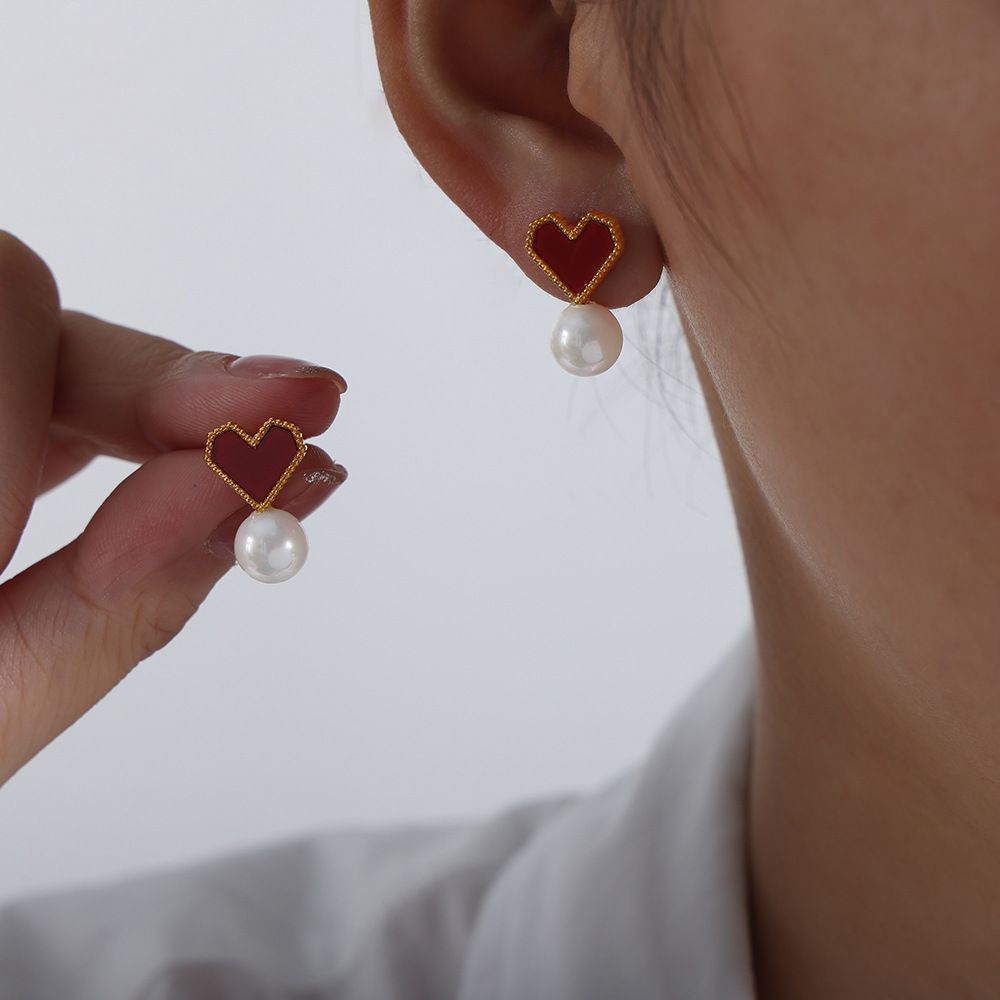 Boucles d'oreilles perles acryliques dorées et rouges