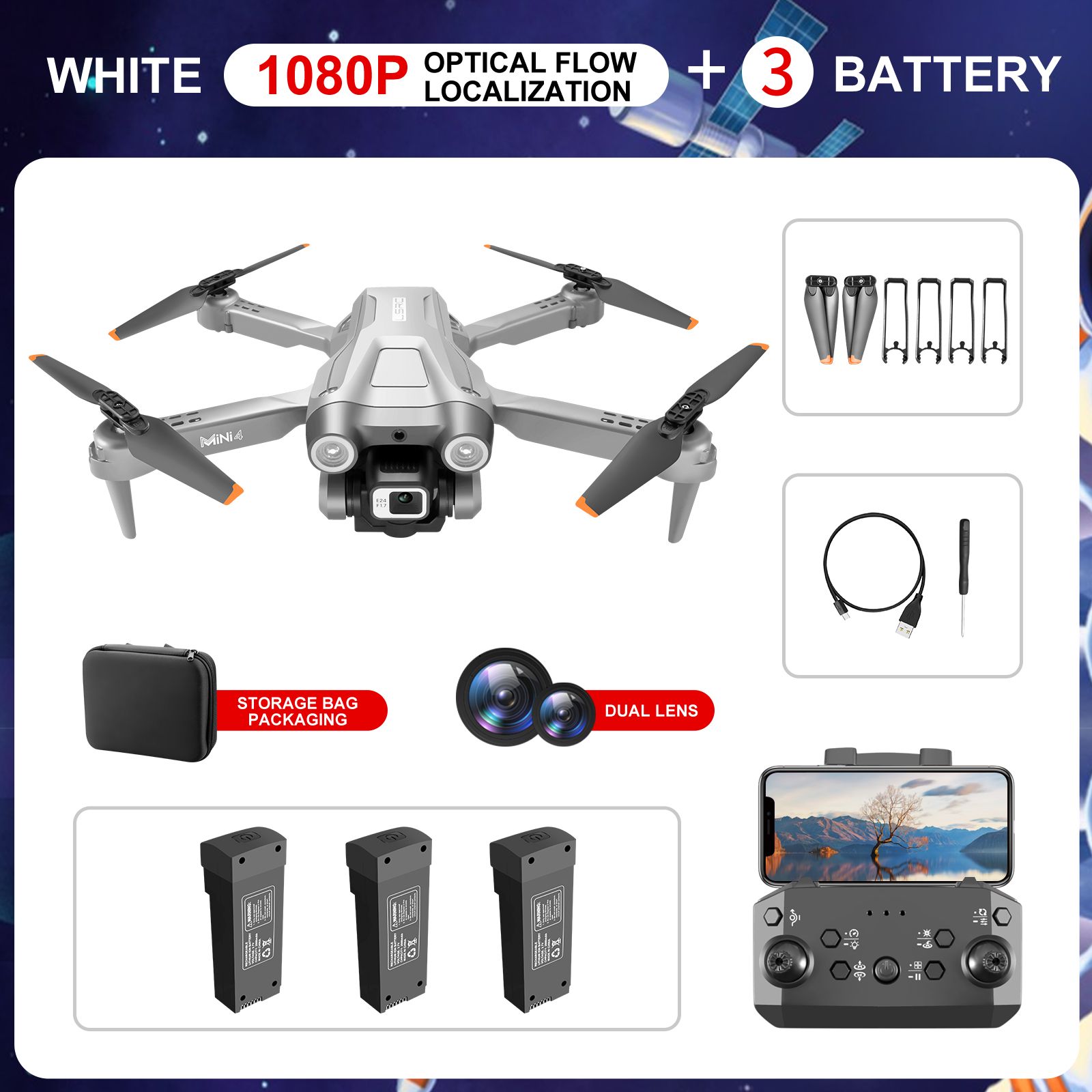 White 1080P+3*Battery