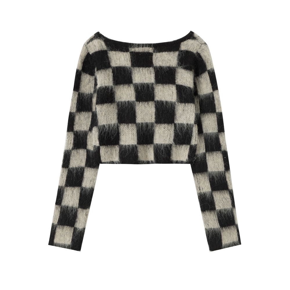 Plaid Sweater Women V-neck Knitwear Short Design Girl Sweaters for Autumn 