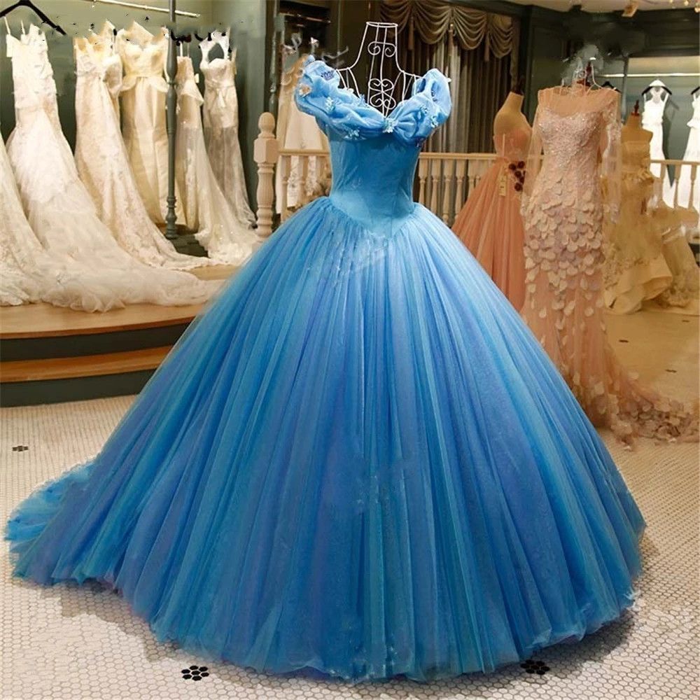 Sky Blue Cinderella Vintage Ball Gown Quinceanera Dresses 2023 Off Shoulder  Lace-Up Tulle Vestidos De 15 Anos Birthday Party