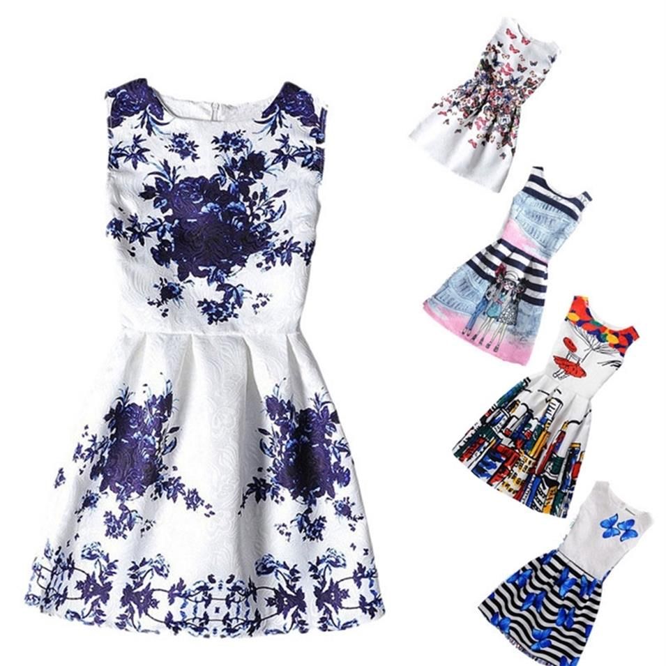 Vestidos para niños de verano para niñas mariposa floración impresa sin mangas vistos casuales de niña Vestidos para niños de verano para niñas mariposa floración impresa sin mangas vistos casuales de niña