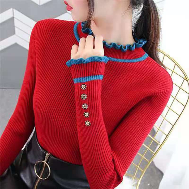 Autumn Winter Womens Sweaters Button Ruffles High Collar Ladies 