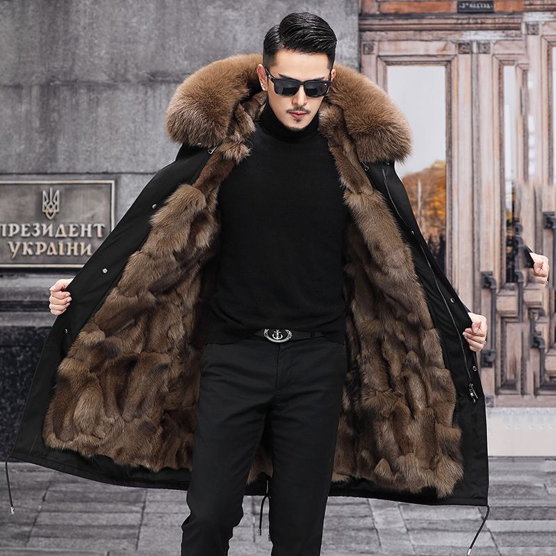 Men Natural Fox Fur Coat Overcoat Winter Warm Real Fur Thick Outerwear Plus  Size
